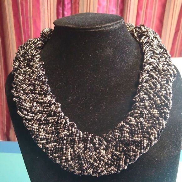 Elegant Collar Black and Silver Beaded Necklace Boho Cottagecore Grandmacore - Picture 1 of 7